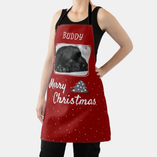 Festive Red Dog Pet Christmas Tree Name Photo  Apron