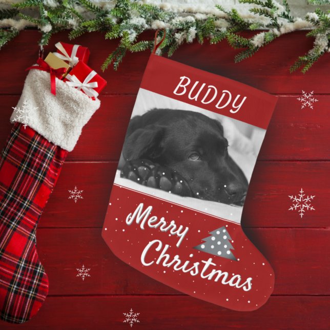 Festive Red Dog Pet Name and Photo Large Christmas Stocking (Creator Uploaded)