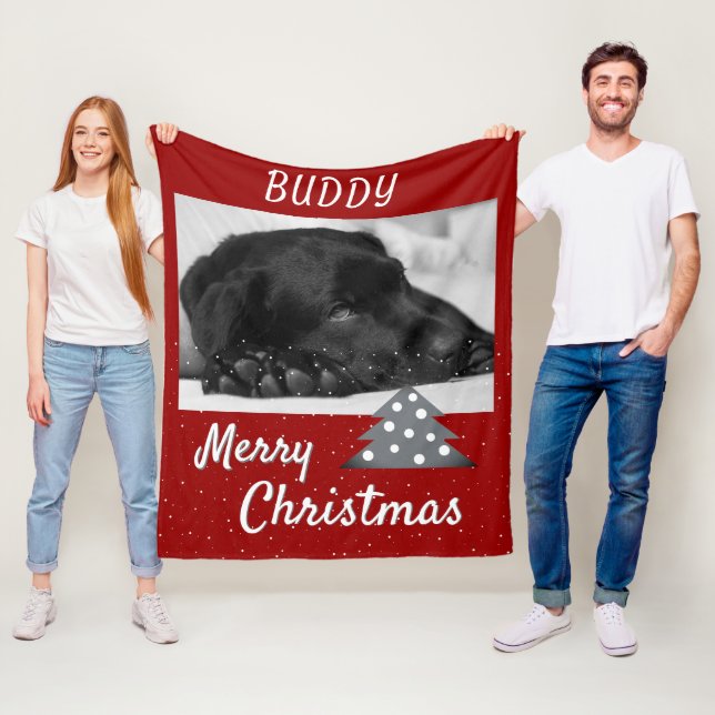 Festive Red Dog Pet Photo Christmas Tree   Fleece Blanket (In Situ)