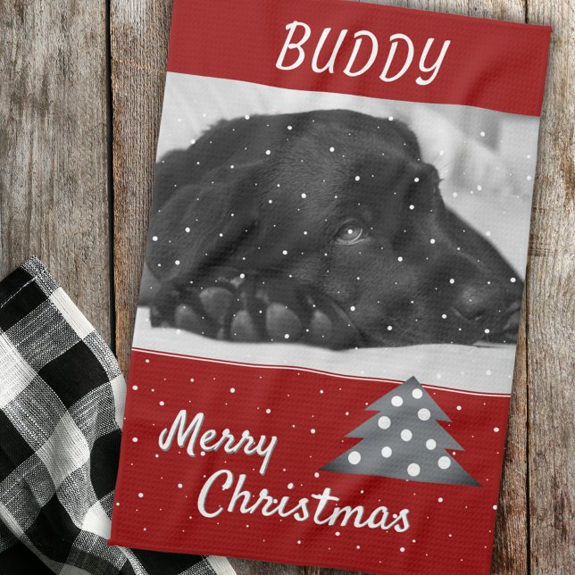 Festive Red Dog Pet Photo Tree Merry Christmas  Kitchen Towel (Creator Uploaded)