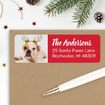 Festive Red Dog Photo Holiday Return Address Label<br><div class="desc">Personalize your holiday mailings with photo return address labels that can be completely customized. Features a cute and funny photo of your favorite pet with modern custom text that can be personalized with your last name and address. Includes a festive red printed background color.</div>