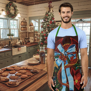 Festive Red Dragon Blue Ribbon Christmas Wreath Apron