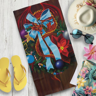 Festive Red Dragon Blue Ribbon Christmas Wreath Beach Towel