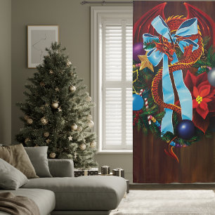 Festive Red Dragon Blue Ribbon Christmas Wreath  Blackout Curtains