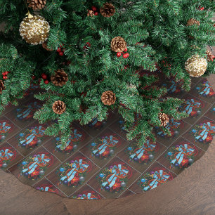 Festive Red Dragon Blue Ribbon Christmas Wreath Brushed Polyester Tree Skirt