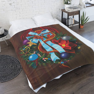 Festive Red Dragon Blue Ribbon Christmas Wreath Fleece Blanket