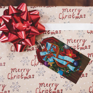 Festive Red Dragon Blue Ribbon Christmas Wreath  Gift Tags