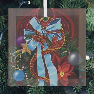 Festive Red Dragon Blue Ribbon Christmas Wreath Glass Ornament