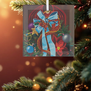 Festive Red Dragon Blue Ribbon Christmas Wreath Glass Ornament
