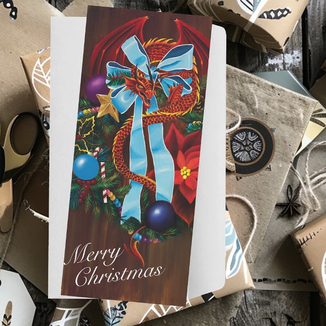 Festive Red Dragon Blue Ribbon Christmas Wreath  Holiday Card (Creator Uploaded)
