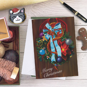 Festive Red Dragon Blue Ribbon Christmas Wreath  Holiday Card
