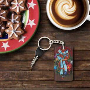 Festive Red Dragon Blue Ribbon Christmas Wreath  Keychain