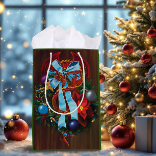Festive Red Dragon Blue Ribbon Christmas Wreath  Medium Gift Bag