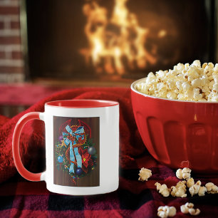 Festive Red Dragon Blue Ribbon Christmas Wreath Mug