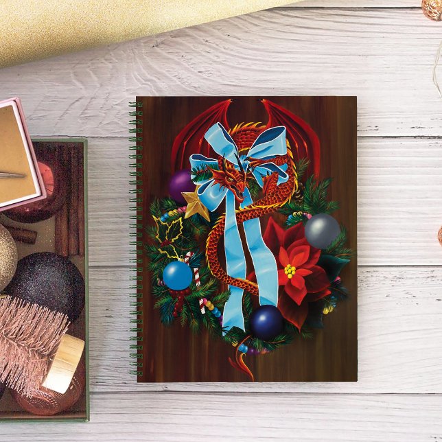 Festive Red Dragon Blue Ribbon Christmas Wreath  Notebook (Creator Uploaded)