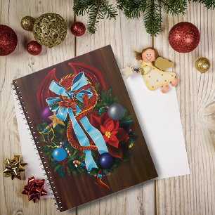 Festive Red Dragon Blue Ribbon Christmas Wreath Notebook