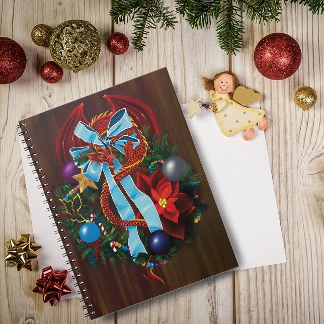 Festive Red Dragon Blue Ribbon Christmas Wreath  Notebook (Creator Uploaded)