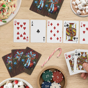 Festive Red Dragon Blue Ribbon Christmas Wreath Poker Cards