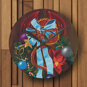 Festive Red Dragon Blue Ribbon Christmas Wreath  Round Clock