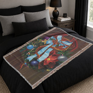 Festive Red Dragon Blue Ribbon Christmas Wreath Throw Blanket