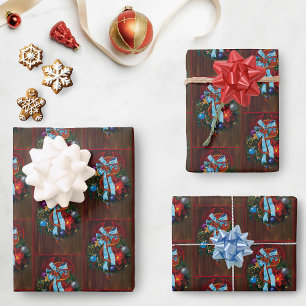 Festive Red Dragon Blue Ribbon Christmas Wreath Wrapping Paper Sheets