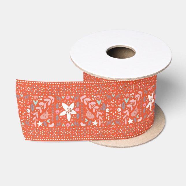 Festive Red Elegant Colorful Christmas Botanical Satin Ribbon (Spool)