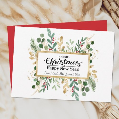 Festive Red Elegant Script Gold Foliage Greenery Holiday Card