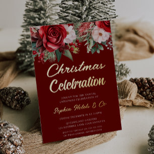 Festive Red Floral Christmas Celebration Gold Foil Invitation