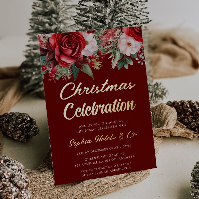 Festive Red Floral Christmas Celebration Gold Foil Invitation (Creator Uploaded)