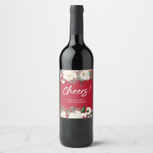 Festive Red Floral  Christmas Holiday Cheers Wine Label