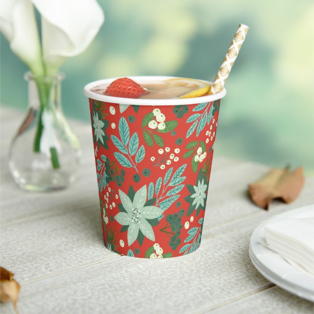 Festive Red Floral Christmas Pattern Paper Cups (Insitu)