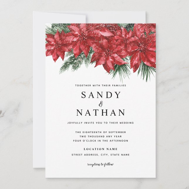 Festive Red Floral Christmas Wedding Invitation (Front)