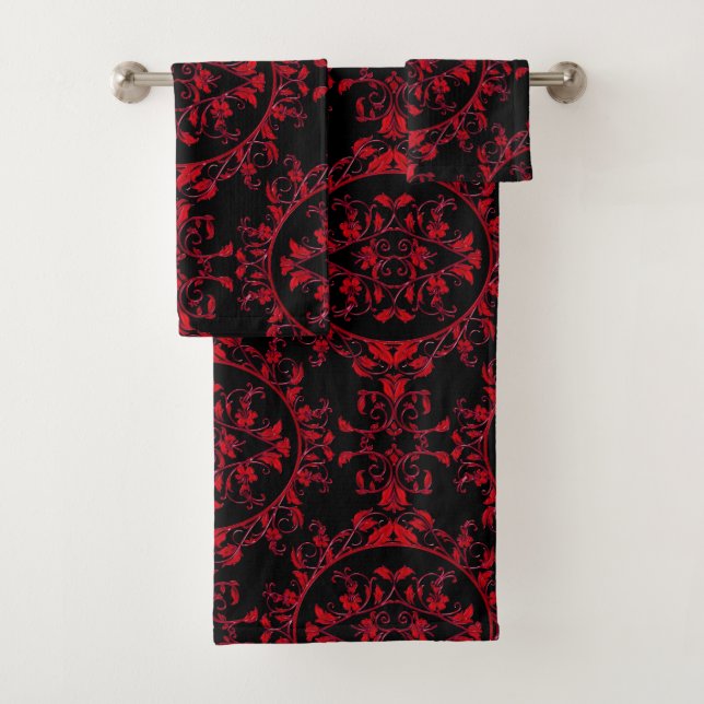 Festive Red Floral Damask on Black Towel Set (Insitu)
