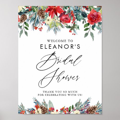 Festive Red Floral Garland Bridal Shower Welcome Poster