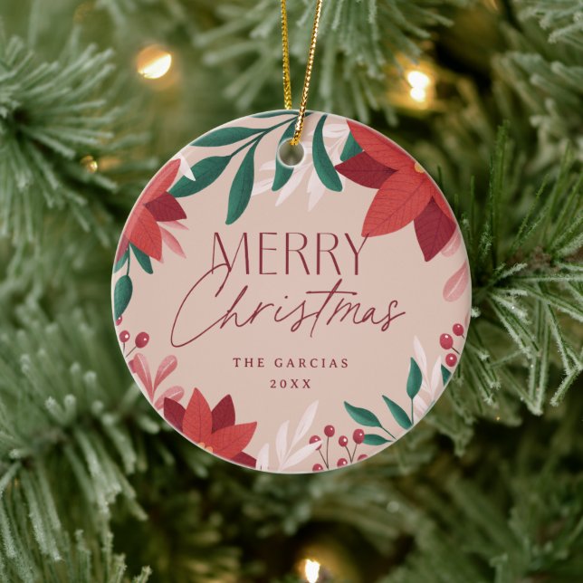 Festive Red Flowers Merry Christmas Gift Ceramic Ornament (Tree)