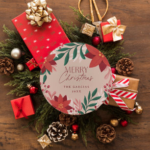 Festive Red Flowers Merry Christmas Gift Classic Round Sticker