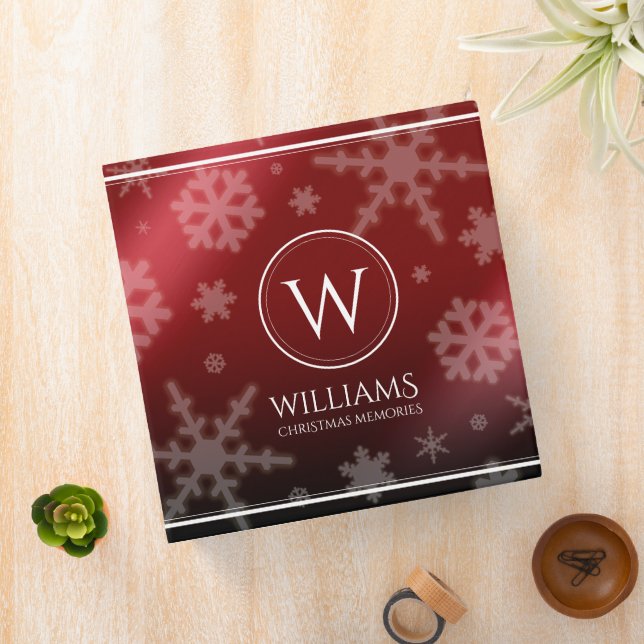 Festive Red Foil Snowflakes Monogram Name 3 Ring Binder (In Situ)