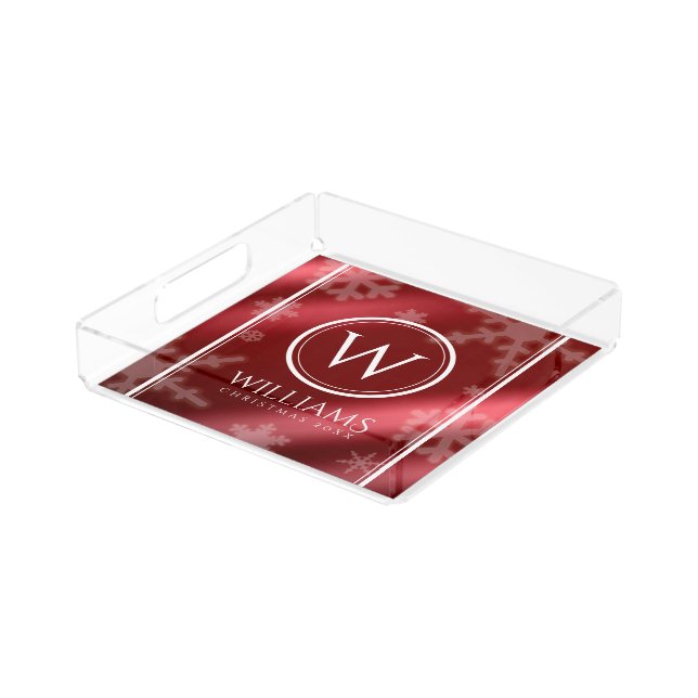 Festive Red Foil Snowflakes Monogram Name Acrylic Tray (Angled)
