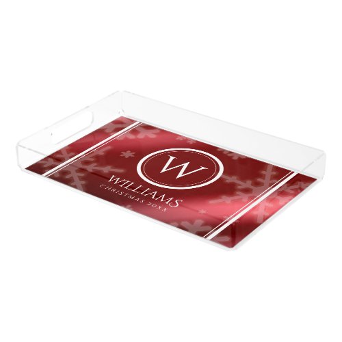 Festive Red Foil Snowflakes Monogram Name Acrylic Tray