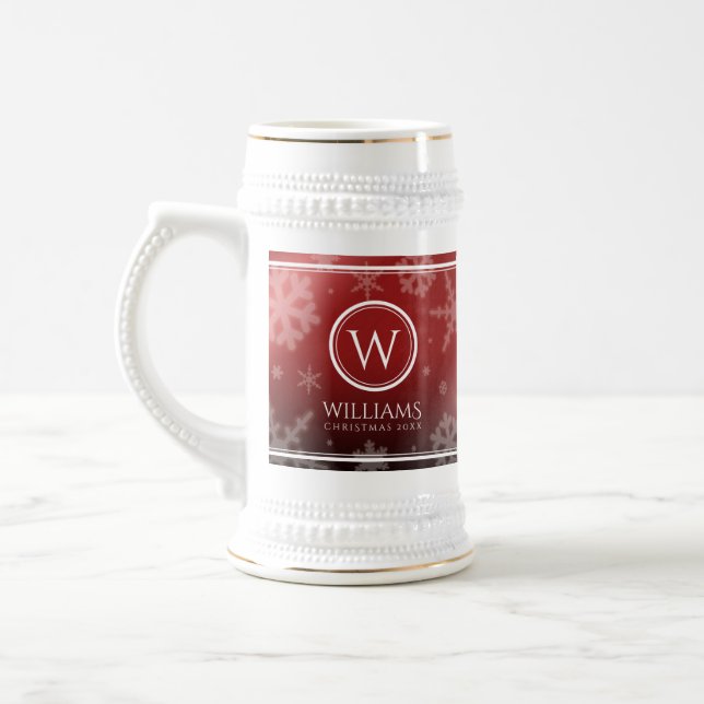 Festive Red Foil Snowflakes Monogram Name Beer Stein (Left)
