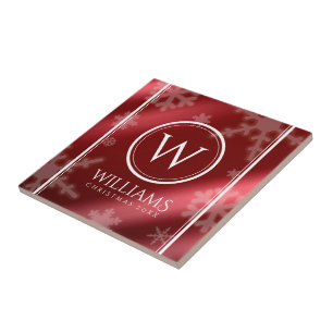 Festive Red Foil Snowflakes Monogram Name Ceramic Tile