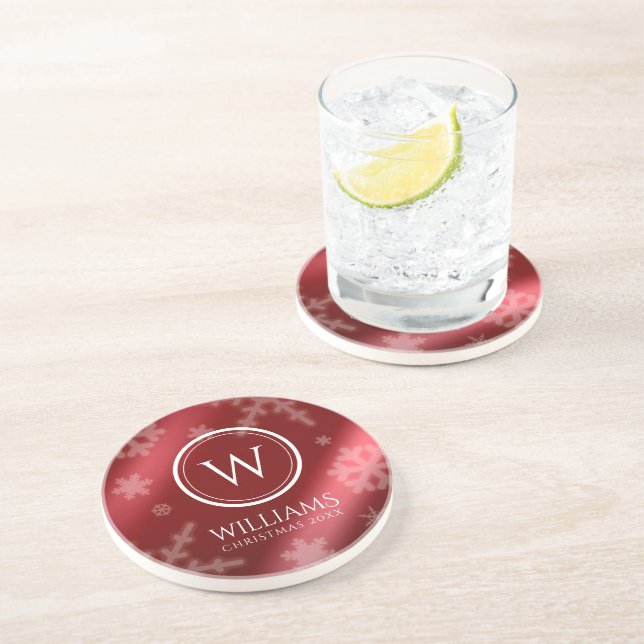 Festive Red Foil Snowflakes Monogram Name Coaster (Side)