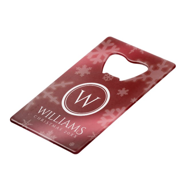 Festive Red Foil Snowflakes Monogram Name Credit Card Bottle Opener (Front Angled)