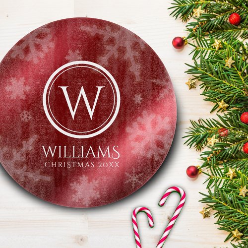 Festive Red Foil Snowflakes Monogram Name Cutting Board