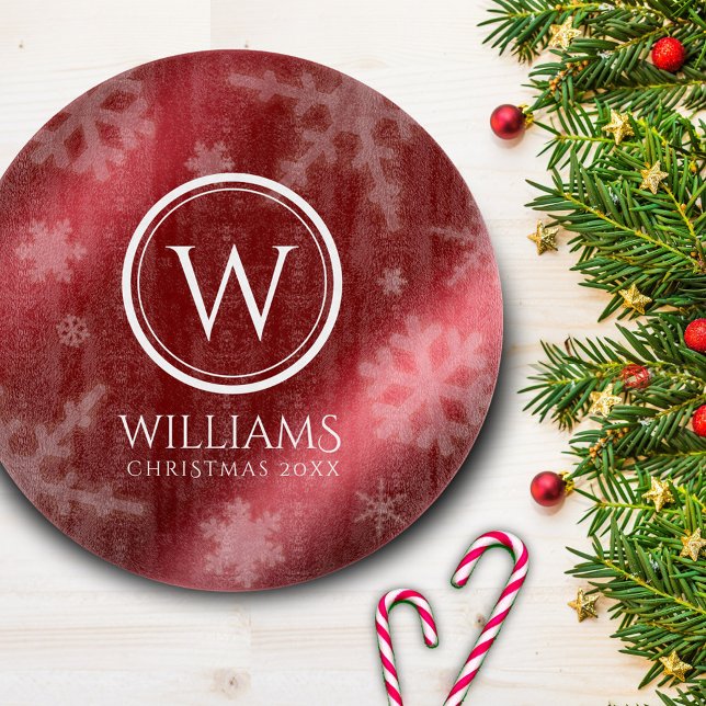 Festive Red Foil Snowflakes Monogram Name Cutting Board (Creator Uploaded)