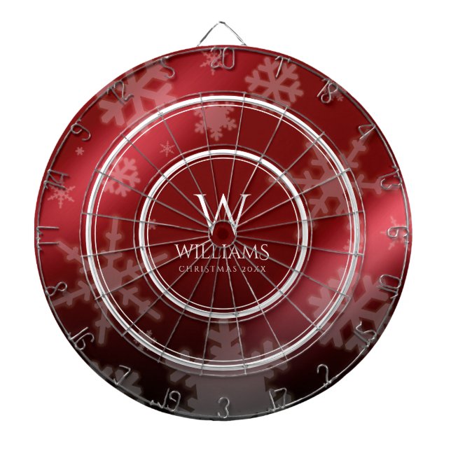 Festive Red Foil Snowflakes Monogram Name Dart Board (Front)