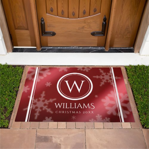 Festive Red Foil Snowflakes Monogram Name Doormat