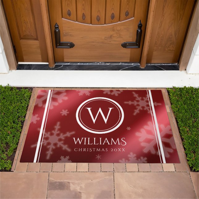 Festive Red Foil Snowflakes Monogram Name Doormat (Outdoor)