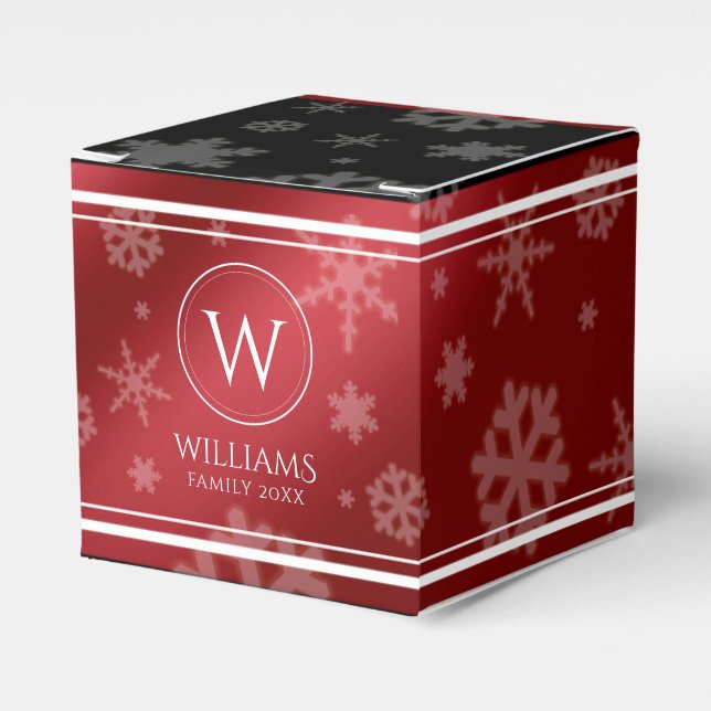 Festive Red Foil Snowflakes Monogram Name Favor Boxes (Front Side)