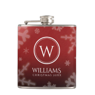 Festive Red Foil Snowflakes Monogram Name Flask